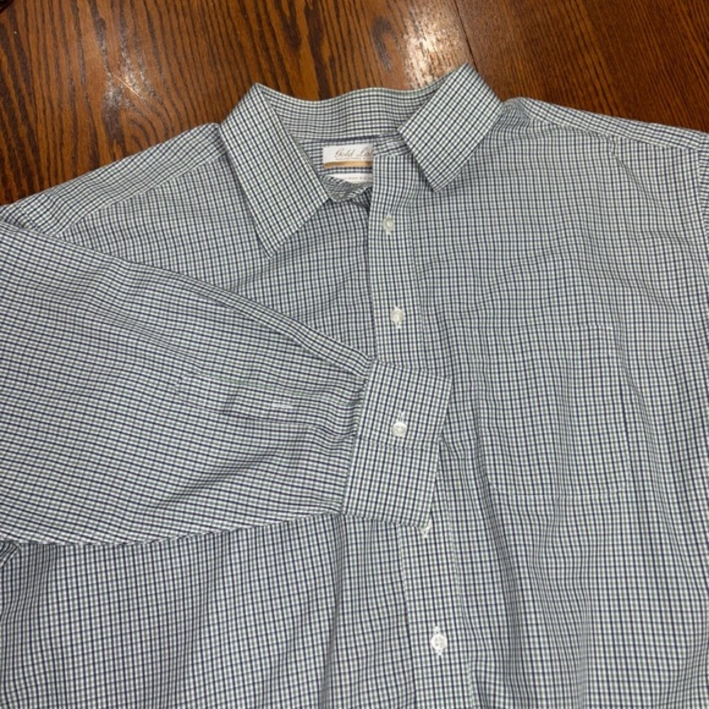 GOLD LABEL ROUNDTREE & YORKE SIZE 17.5/35 WHITE BLUE & GREEN LONG SLEEVE SHIRT